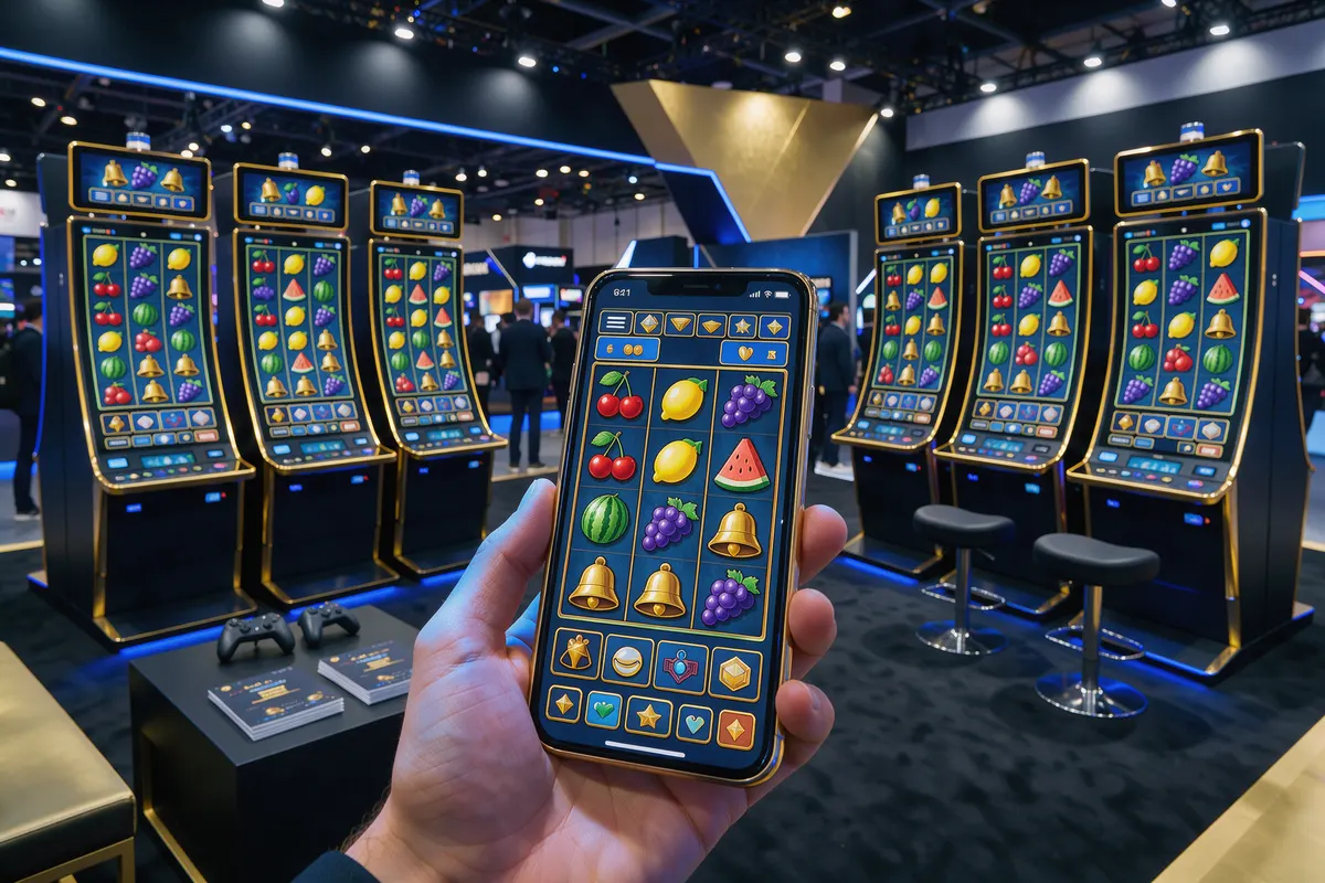 Trade show casino game display with a smartphone showing the same slot game